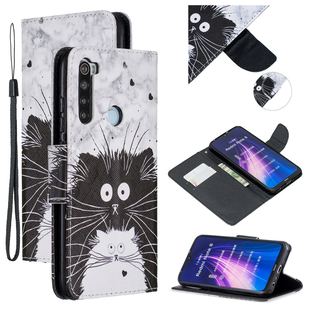 For Redmi Note 8/8 Pro Cellphone Cover Stand Function Wallet Design PU Leather Smartphone Shell Elegant Pattern Printed Black white cat - Image 3