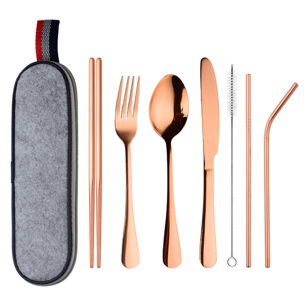 8Pcs/Set Stainless Steel Drinking Straw Knife Fork Spoon Chopsticks Cutlery Set for Travel Rose gold - Image 2