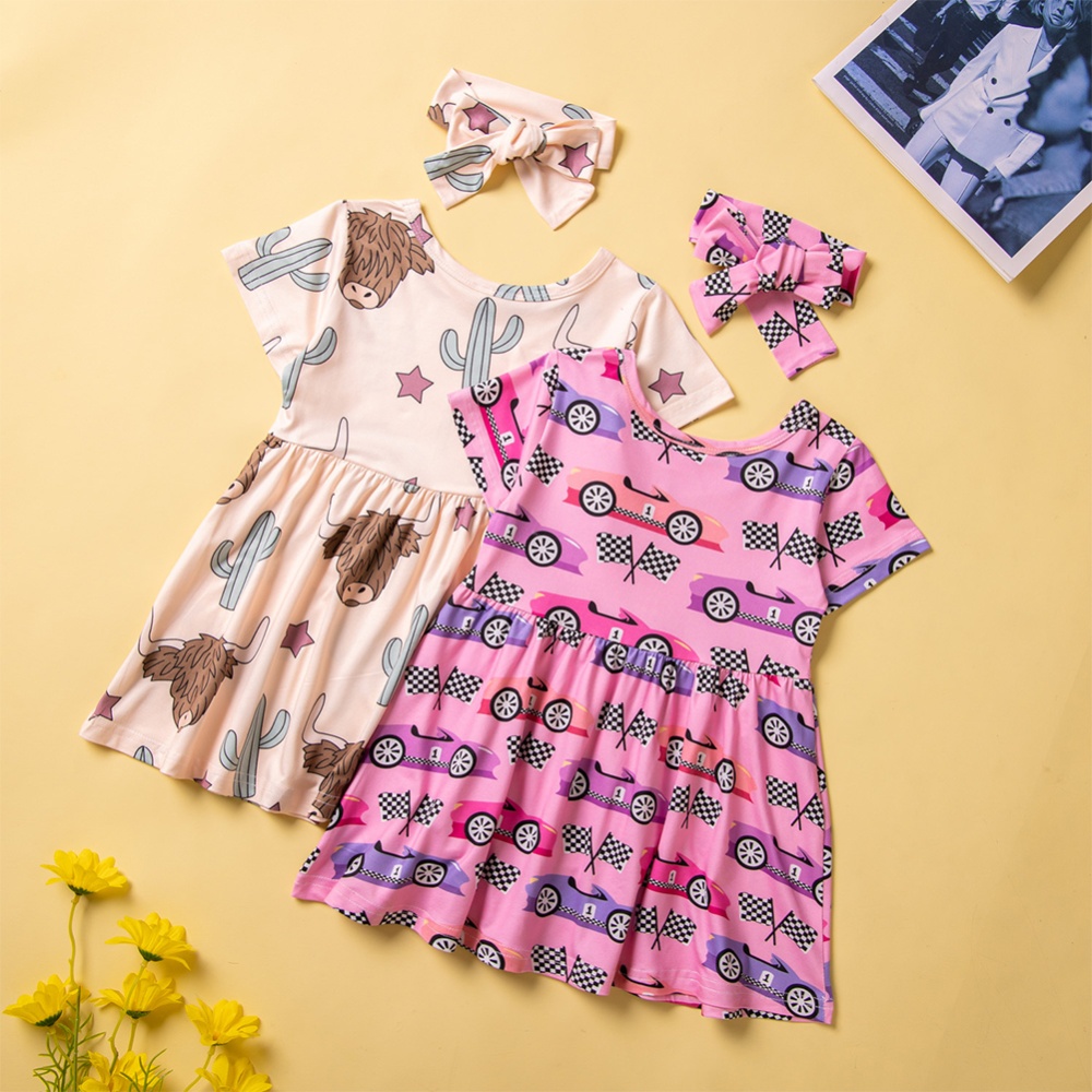 2pcs Girls Summer Short Sleeve Dress With Headband Sweet Cartoon Printing Cotton For Kids Aged 1-5 223040 2-3Y 100cm - Image 2