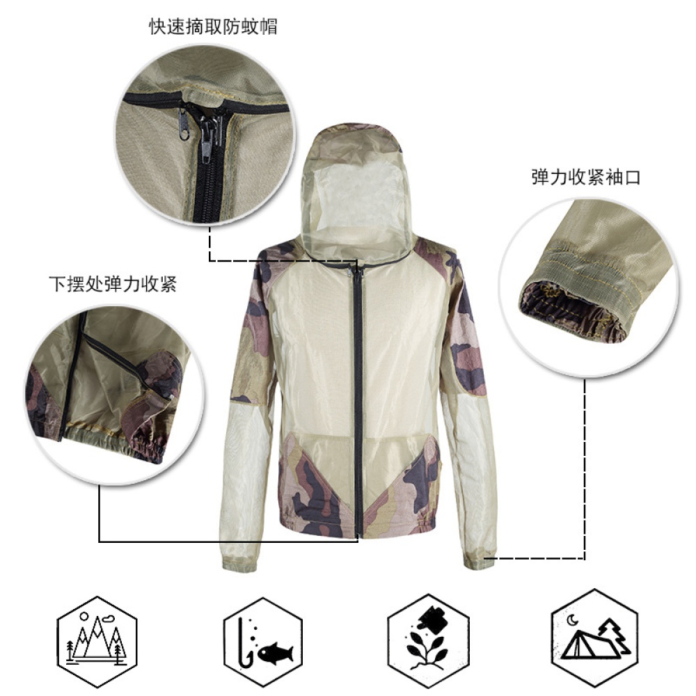 Men Quick-drying Breathable Mesh Net Insect Suit Anti Partial Mosquito Clothes One Army green fight camouflage (three-piece set)_S/M - Image 2