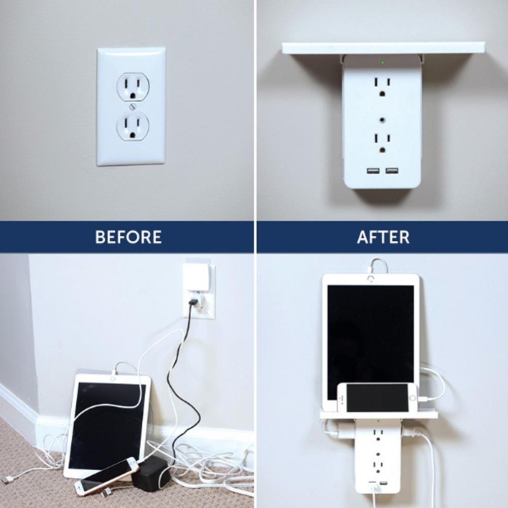 Socket Shelf Multi-function Power Outlet with Usb Ports Storage Holder white_U.S. regulations - Image 3