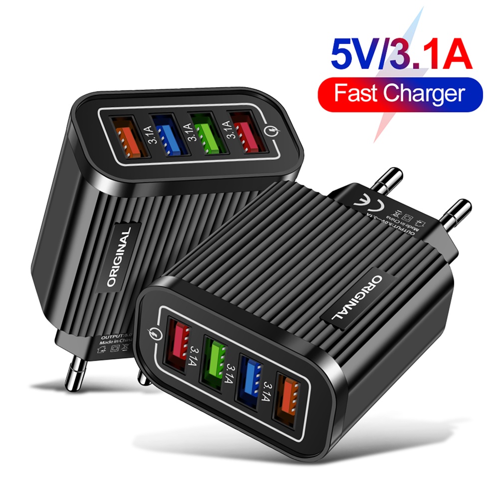 4-port Usb Mobile Phone Charger with Led Light 5V/3A Travel Fast Quick Charging Adapter White EU Plug - Image 3