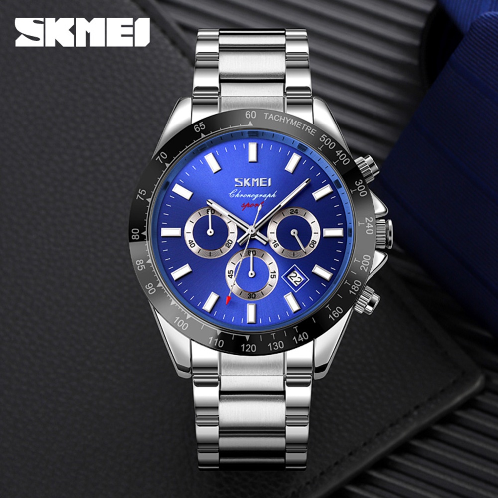 SKMEI Business Men Quartz Wristwatch Waterproof Time Stopwatch Date Multi-function Chronograph Watch silver shell blue Face - Image 3