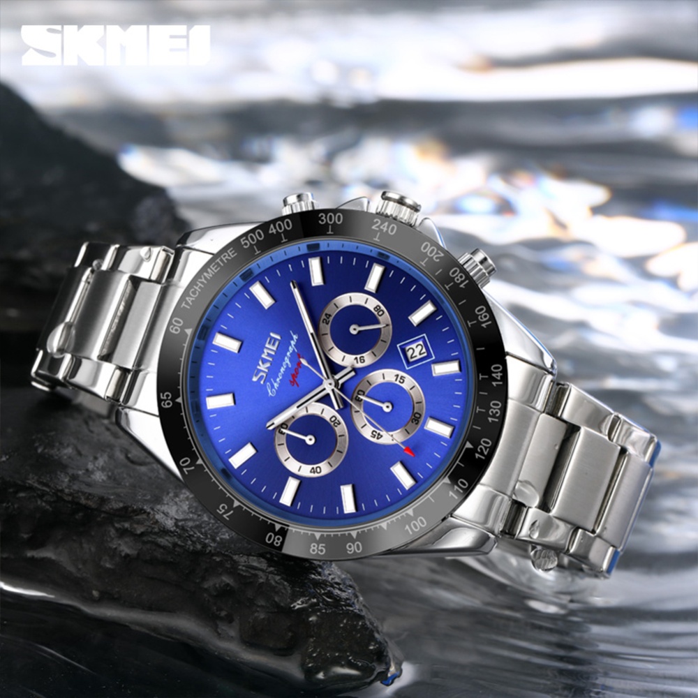 SKMEI Business Men Quartz Wristwatch Waterproof Time Stopwatch Date Multi-function Chronograph Watch silver shell blue Face - Image 2