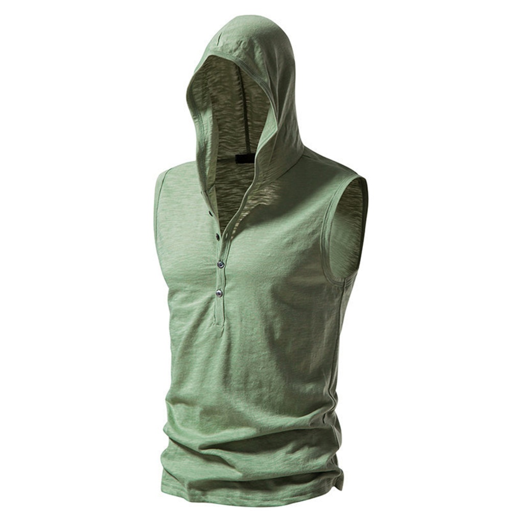 Men Workout Hooded Tank Tops Summer Solid Color Sleeveless Casual T-shirt For Running Fitness Army Green S - Image 3