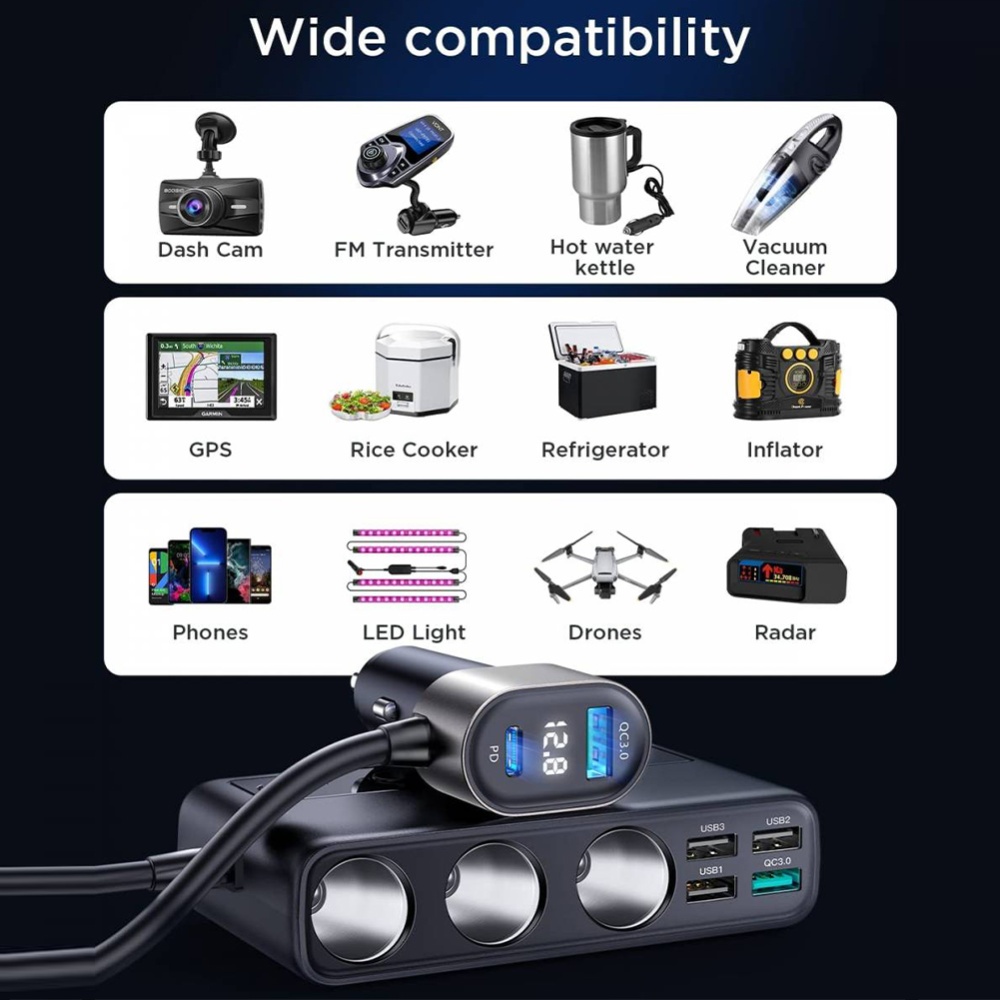 Multi-port Car Cigarette Lighter Adapter 3 Sockets 6 Ports Mobile Phone Pd Qc Fast Charger Black - Image 3