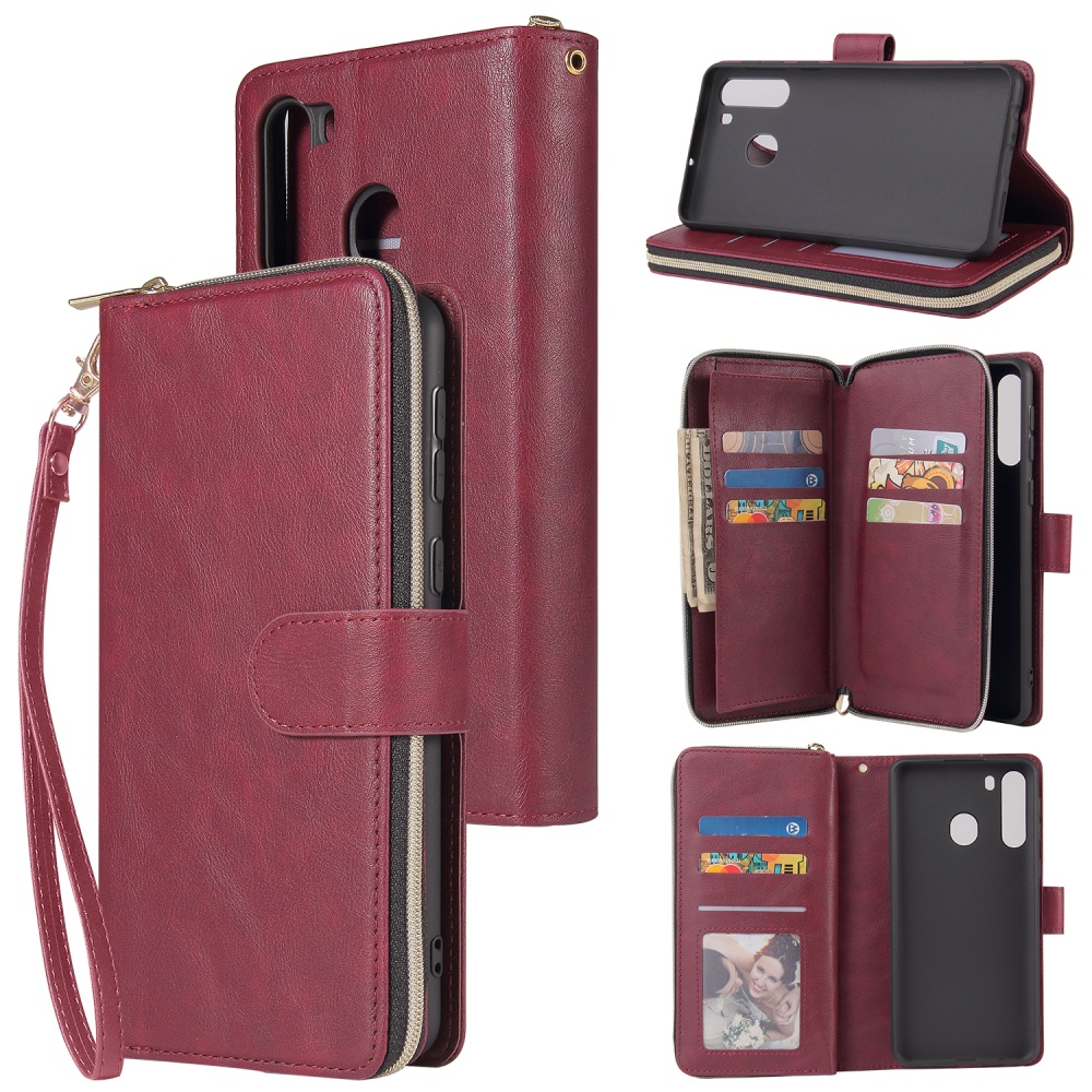 For Samsung A01/A21/A31/A41/A51 Pu Leather Mobile Phone Cover Zipper Card Bag + Wrist Strap Red wine - Image 3