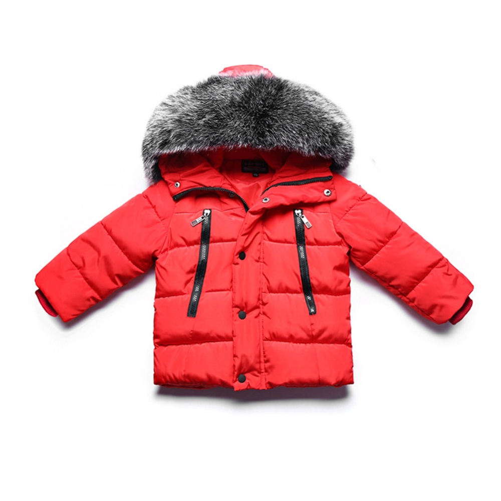 Winter Kid Thicken Cotton Hoodie Coat Furry Collar Zipper Boy Girl Overcoat red_90cm - Image 3