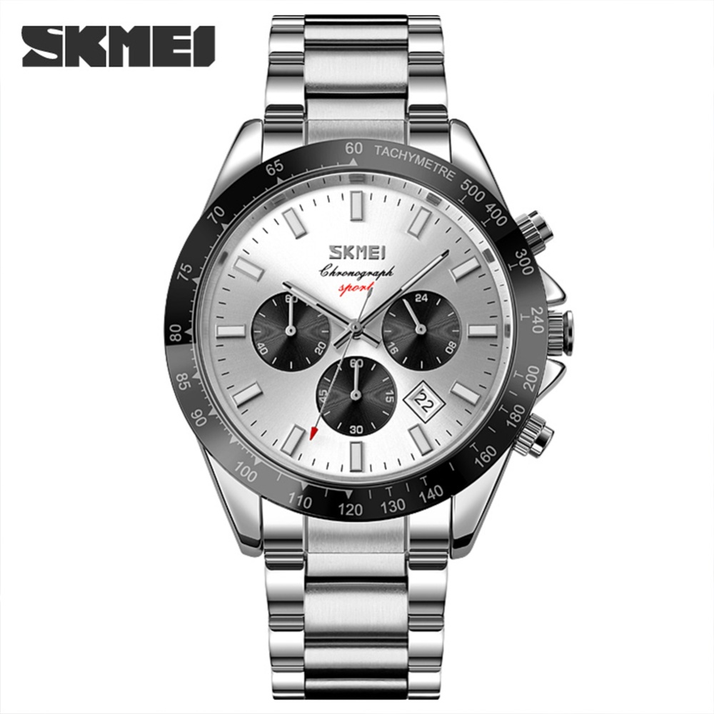 SKMEI Business Men Quartz Wristwatch Waterproof Time Stopwatch Date Multi-function Chronograph Watch silver shell face - Image 3