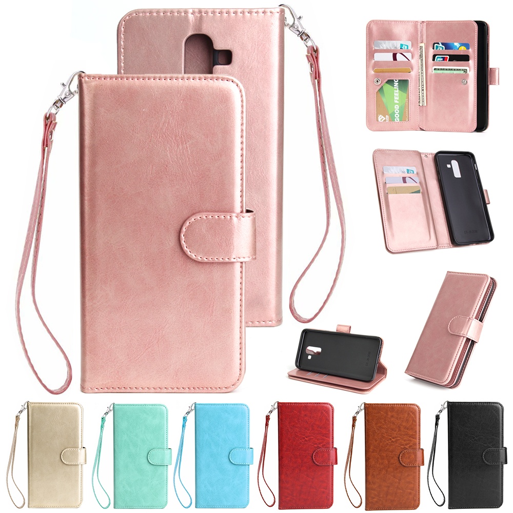 For Samsung J8 2018 PU Non-slip Shockproof Cell Phone Case with 9 Card Slots Lanyard Bracket red - Image 3