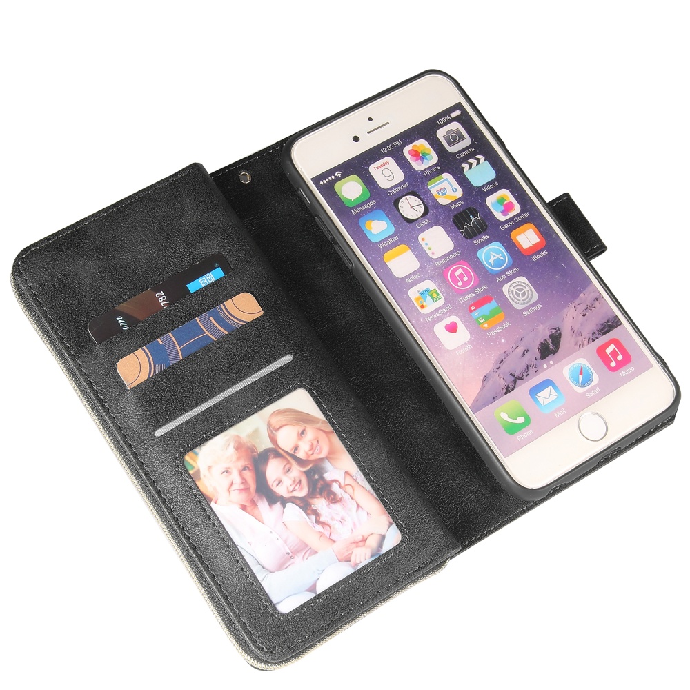 For Iphone 6/6s/6 Plus/6s Plus/7 Plus/8 Plus Pu Leather Mobile Phone Cover Zipper Card Bag + Wrist Strap black - Image 3