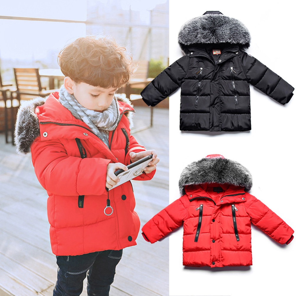 Winter Kid Thicken Cotton Hoodie Coat Furry Collar Zipper Boy Girl Overcoat black_90cm - Image 3