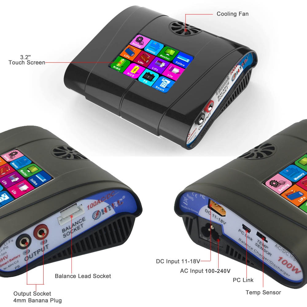 HTRC HT100 AC/DC LiPo Battery Charger 3.2inch Color LCD Touch Screen RC UK Plug - Image 3