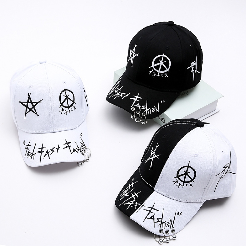 Men Women Baseball Cap with Ring Hip Hop Fashion Pattern Hat white_white - Image 2