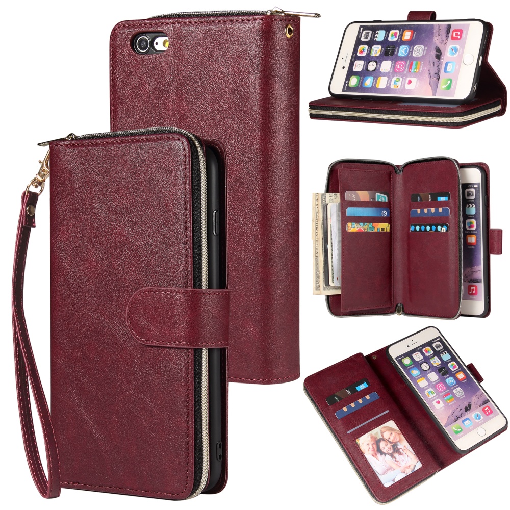 For Iphone 6/6s/6 Plus/6s Plus/7 Plus/8 Plus Pu Leather Mobile Phone Cover Zipper Card Bag + Wrist Strap Red wine - Image 3