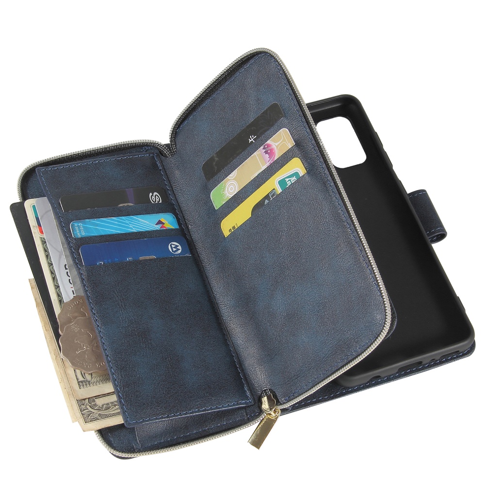 For Samsung A01/A21/A31/A41/A51 Pu Leather Mobile Phone Cover Zipper Card Bag + Wrist Strap blue - Image 3