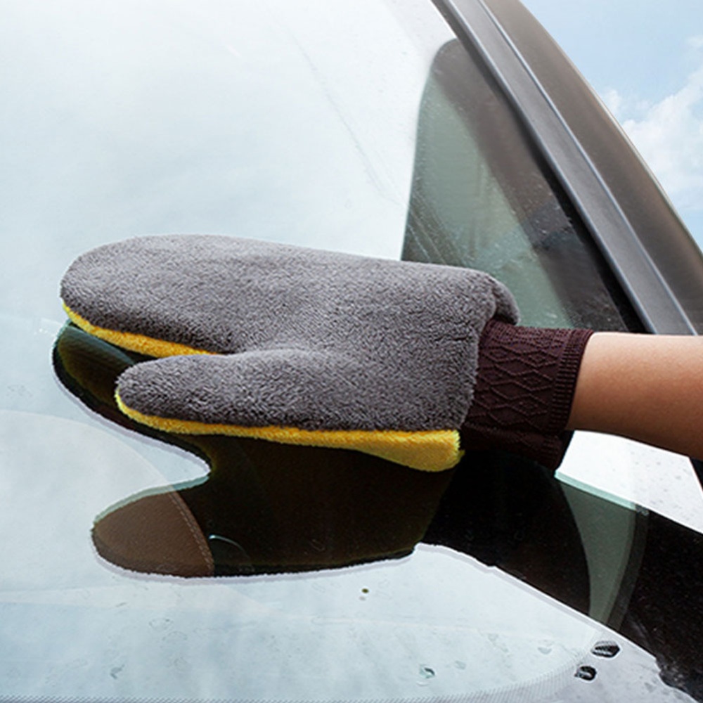 Plush Car Washing Gloves Double-sided Coral Fleece Velvet Wiping Mitt Thickened Cleaning Brush Tools yellow + gray - Image 2