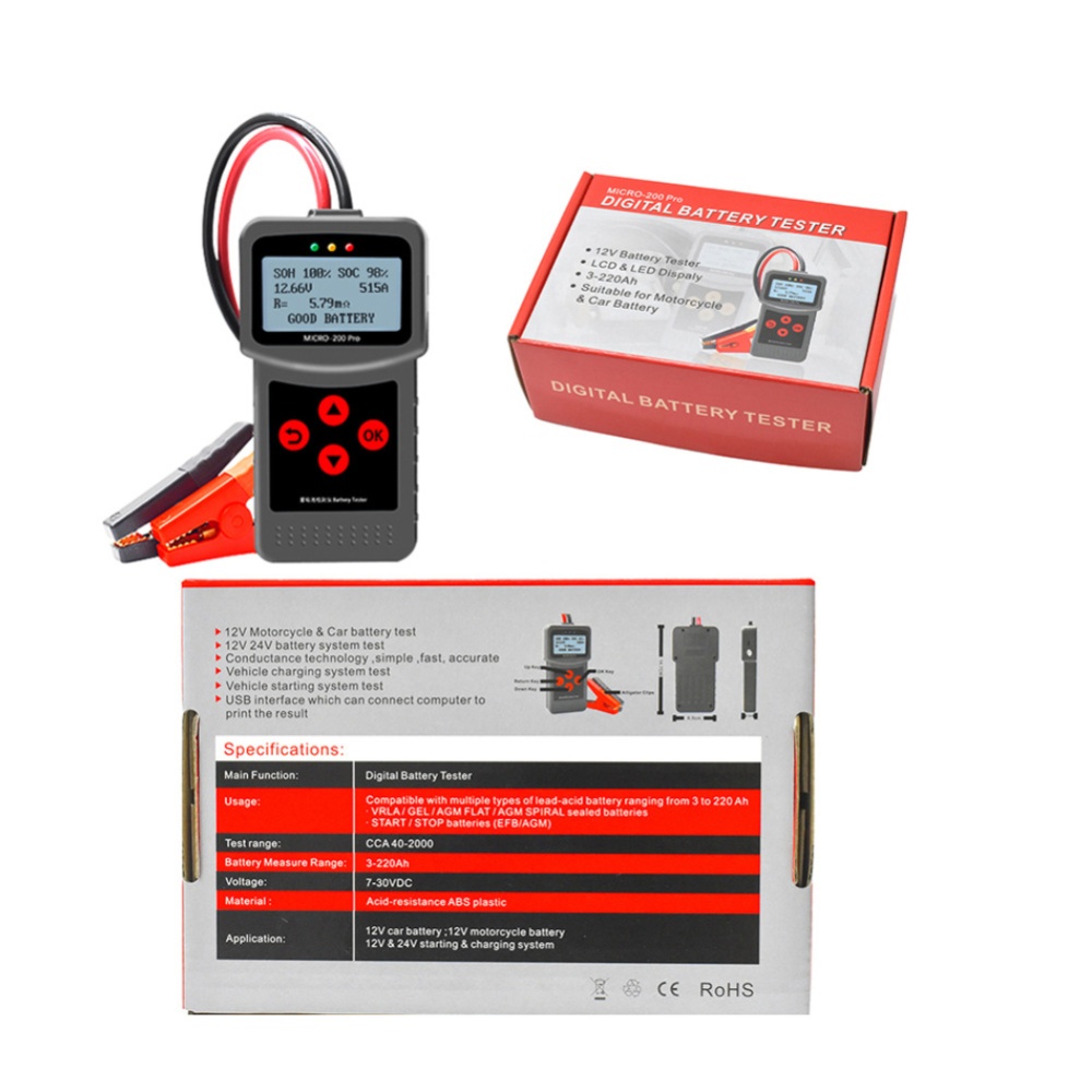 Micro-200 Pro Car Battery Tester 12V 3-220ah Analyzer Charging Test Diagnostic Tool Grey - Image 2