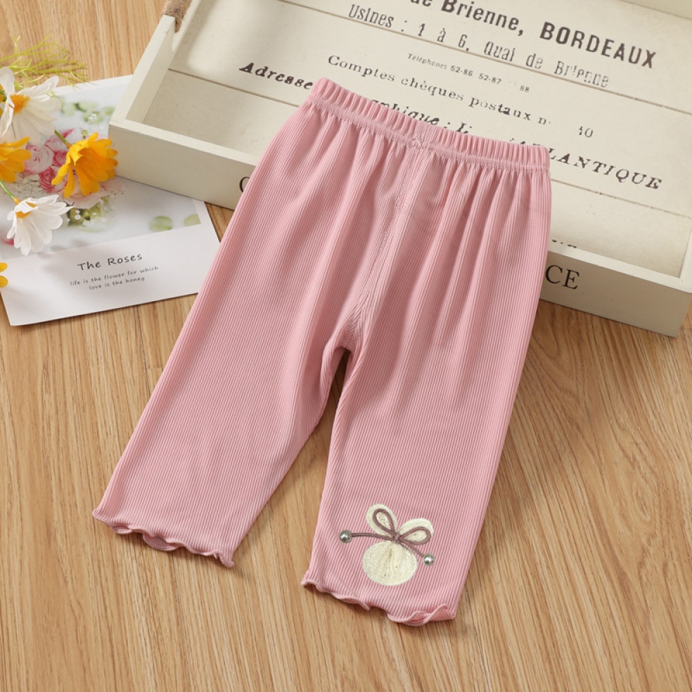 Toddlers Leggings Kids Girls Cropped Pants Solid Color Elastic Waist Belt Summer Outerwear Bottoms pink 7-8Y 120cm - Image 3