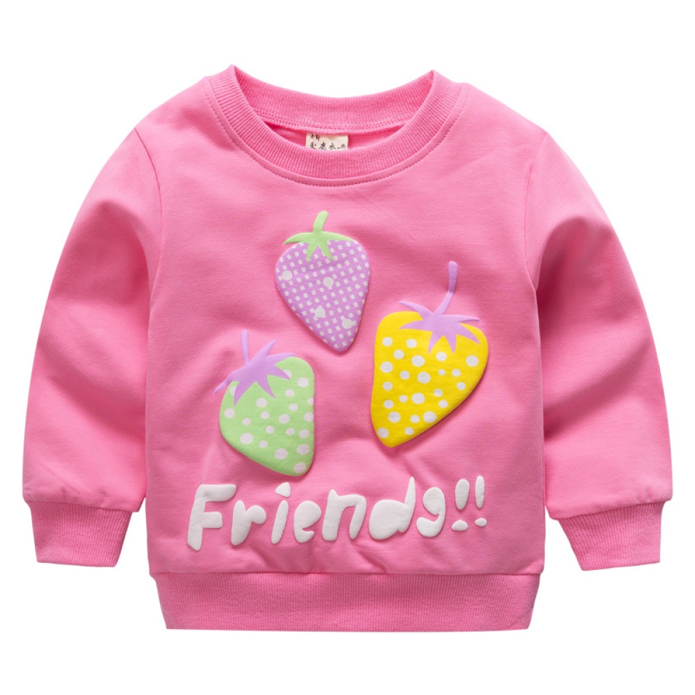 Girl T-Shirt Strawberry Print Bottoming Long-sleeved Shirt Round Collar Infant Pullover TX-rose red_100CM - Image 2