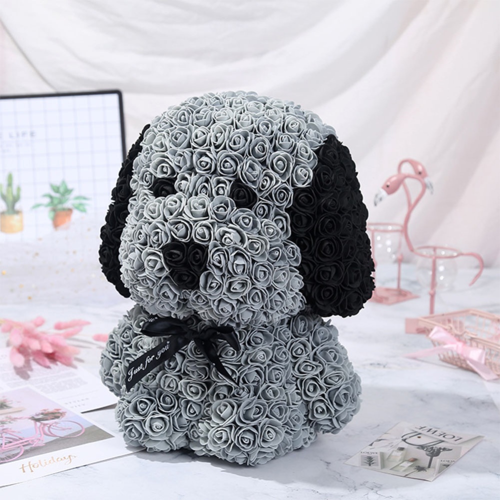 Artificial Rose Flowers Pug Shape Romantic Doll Toy for Festival Birthday Party DIY Decoration gray - Image 3