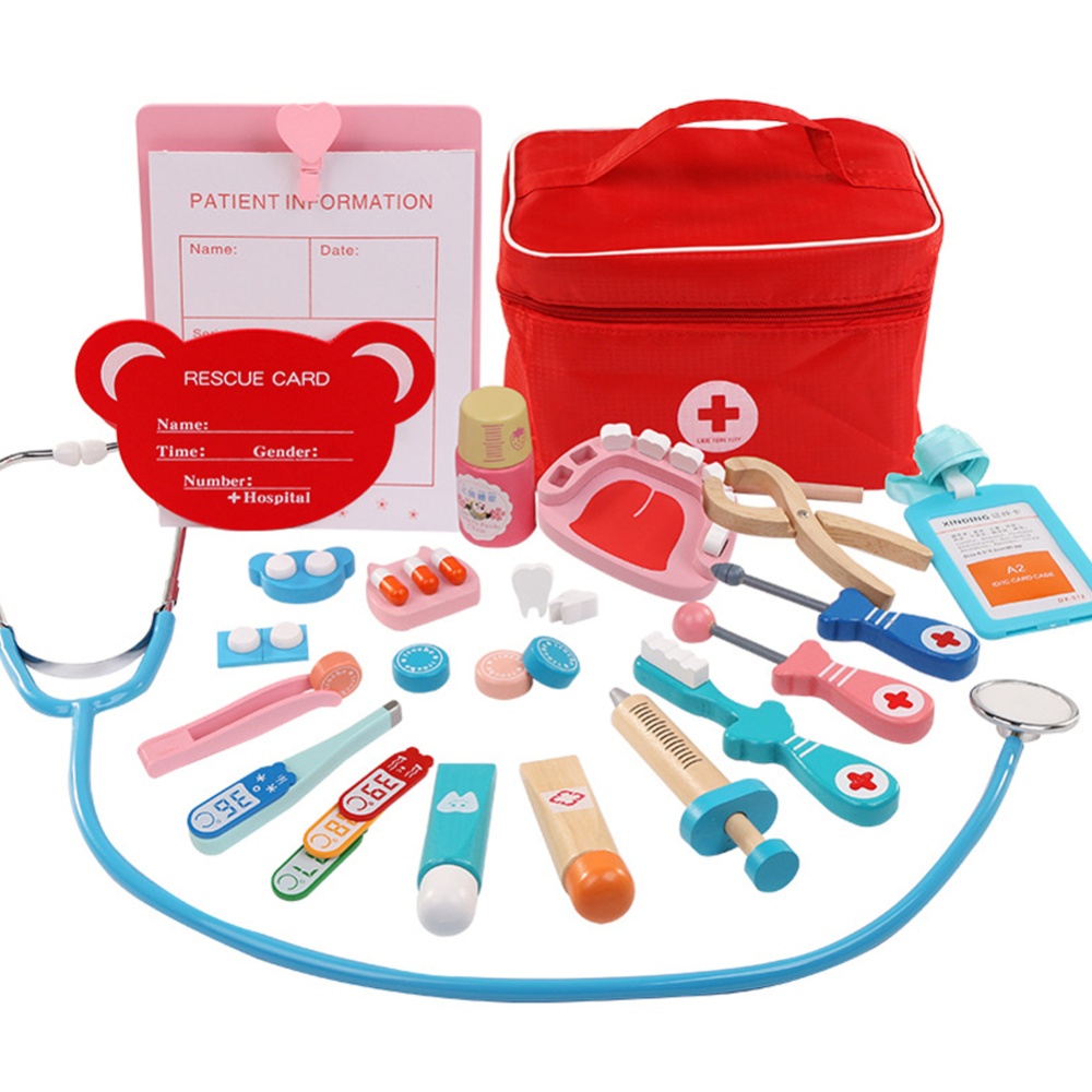 Children Wooden Simulation Bag Medicine Box Pretend Game Doctor Injection Toy All-round medicine box - Image 3