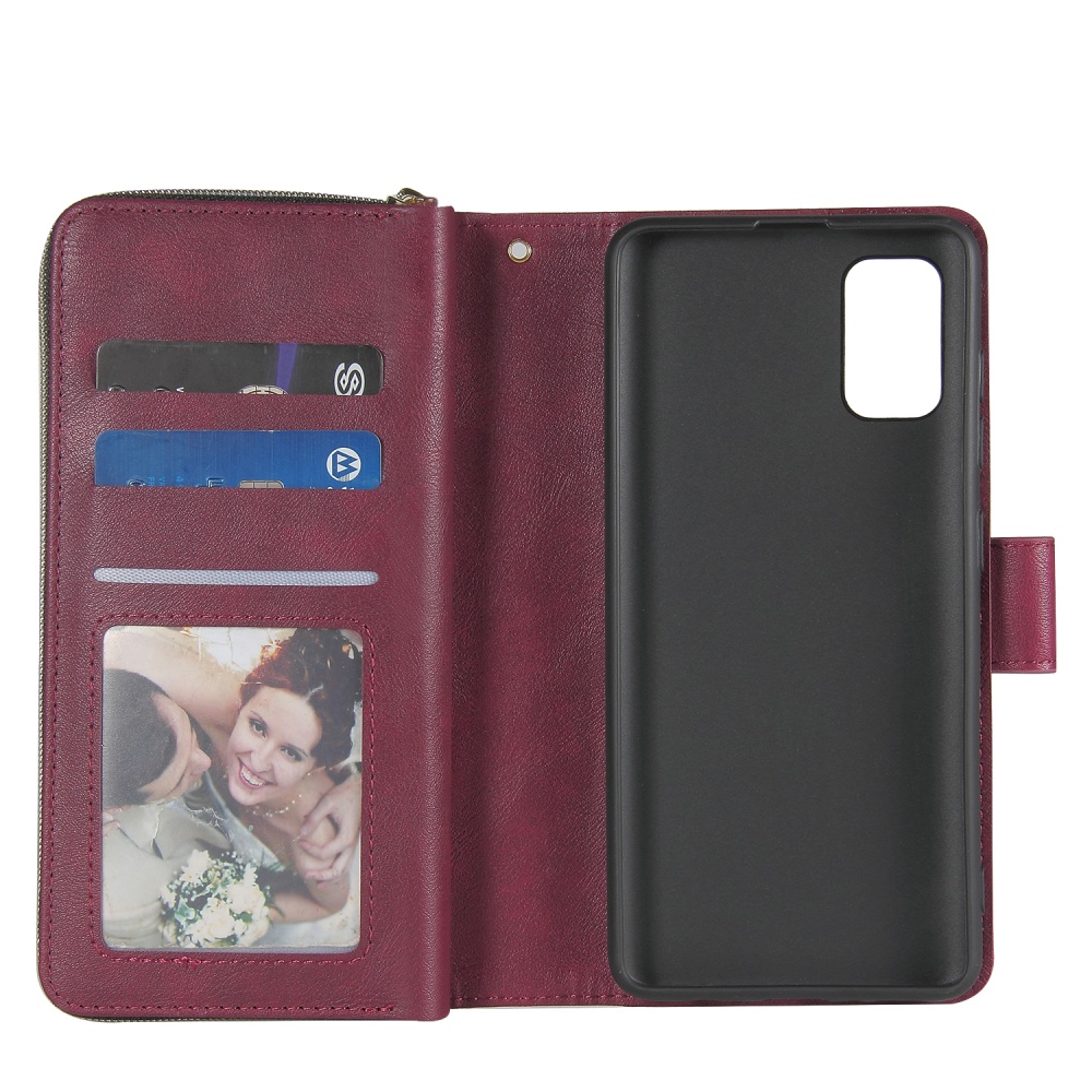 For Samsung A01/A21/A31/A41/A51 Pu Leather Mobile Phone Cover Zipper Card Bag + Wrist Strap Red wine - Image 3