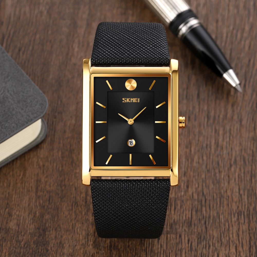 SKMEI Business Men Watch Time Date Square Large Face Waterproof Fashion Retro Leather Belt Quartz Movement Wrist Gold shell black face - Image 3