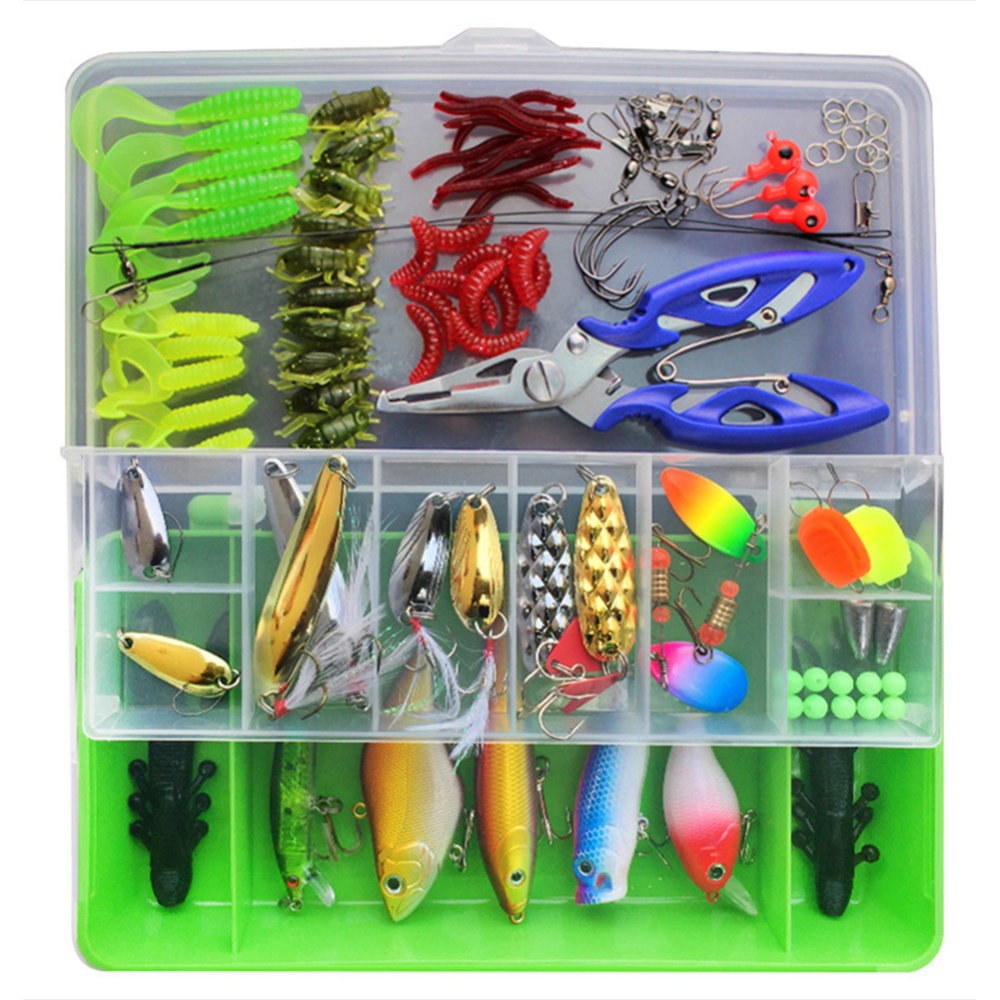 101 Pcs Fishing Lures Kit Full Tackle Box Including Spinners VIB Treble Hooks Single Swivels Pliers Green Second Generation Set - Image 3