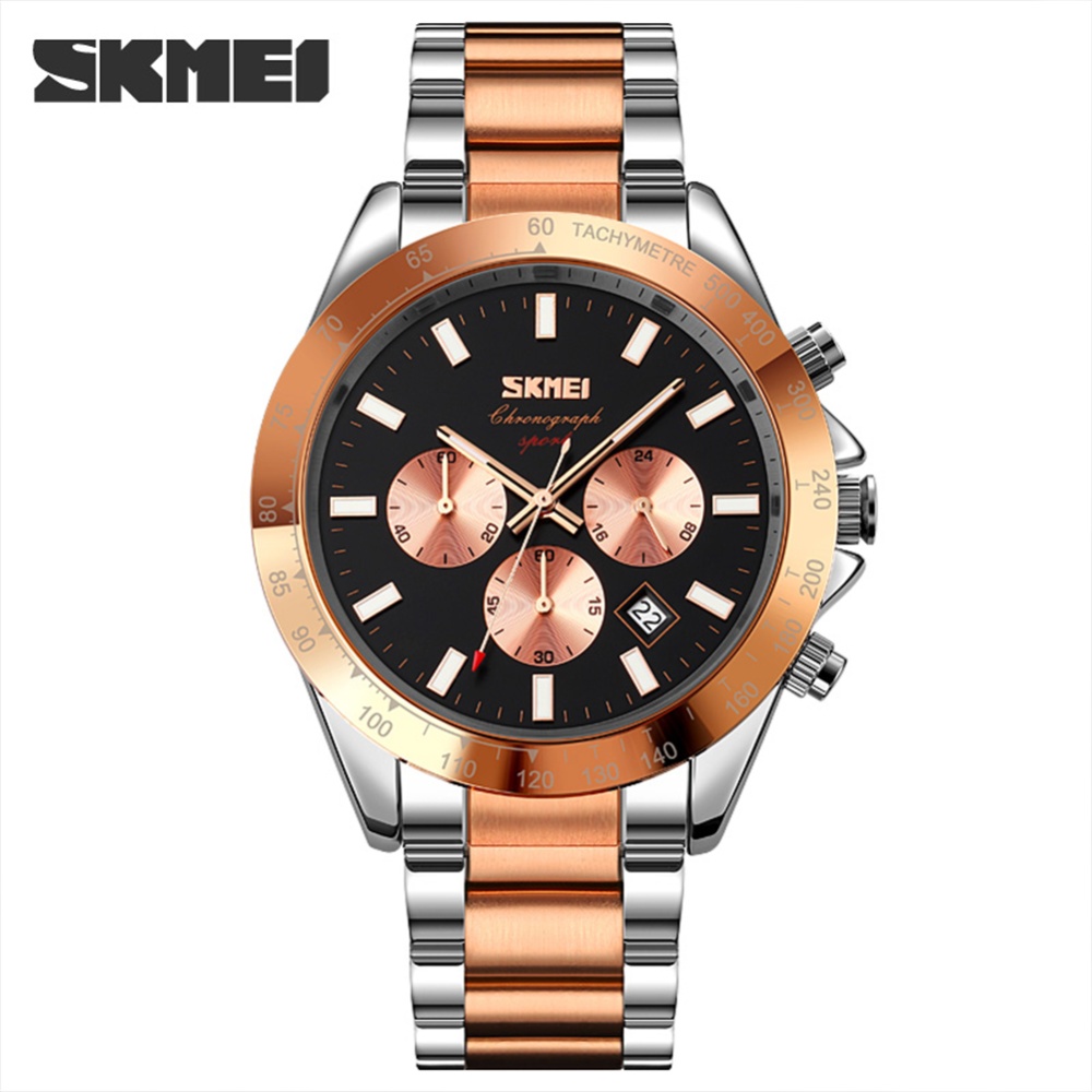 SKMEI Business Men Quartz Wristwatch Waterproof Time Stopwatch Date Multi-function Chronograph Watch Rose Gold Shell Black Face - Image 2