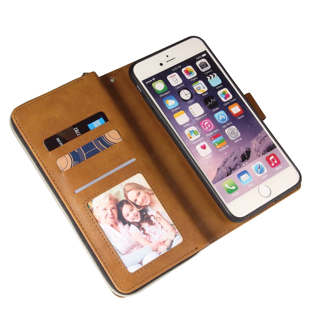 For Iphone 6/6s/6 Plus/6s Plus/7 Plus/8 Plus Pu Leather Mobile Phone Cover Zipper Card Bag + Wrist Strap brown - Image 3