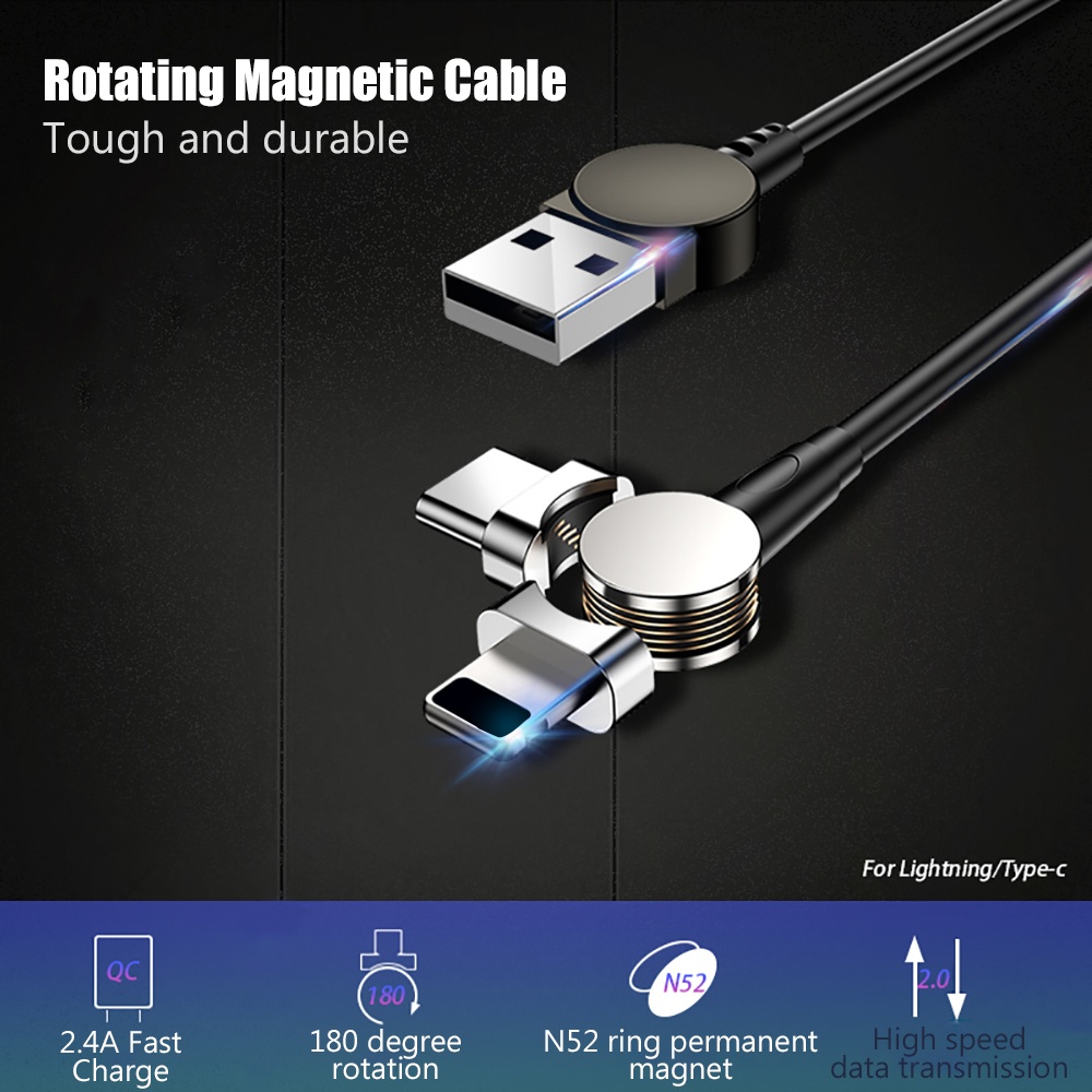 2.4A 180° Magnetic Cable LED Type C Micro USB Charger Cord for Android iPhone - Image 3