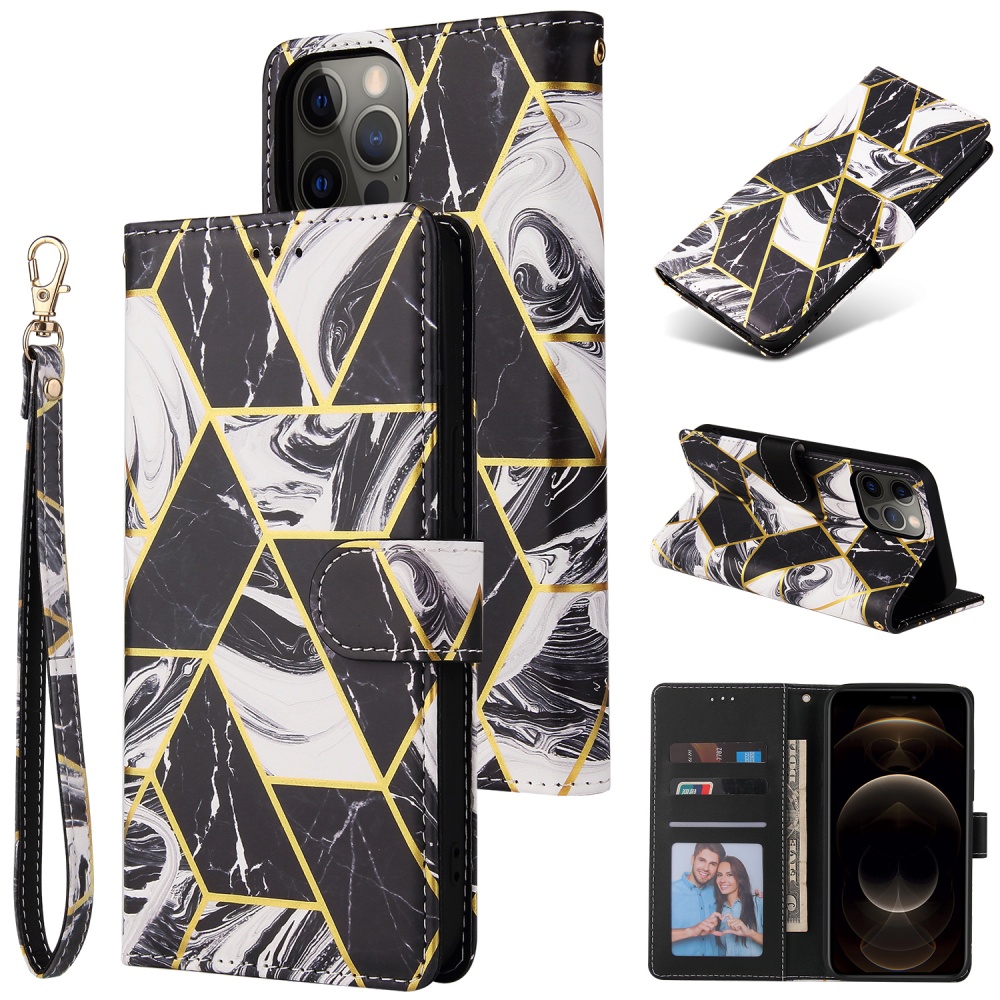 For Iphone 12 Mobile Phone Cover Matte Marble Pattern Multi-function Flip Leather Case black - Image 3