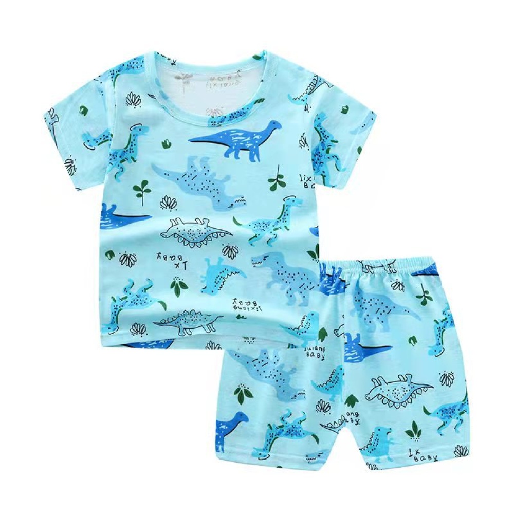 2-piece Boys Round Neck Short Sleeves T-shirt Shorts Two-piece Set Breathable Cotton Suit Leaf Dinosaur 3-4Y 100cm - Image 2