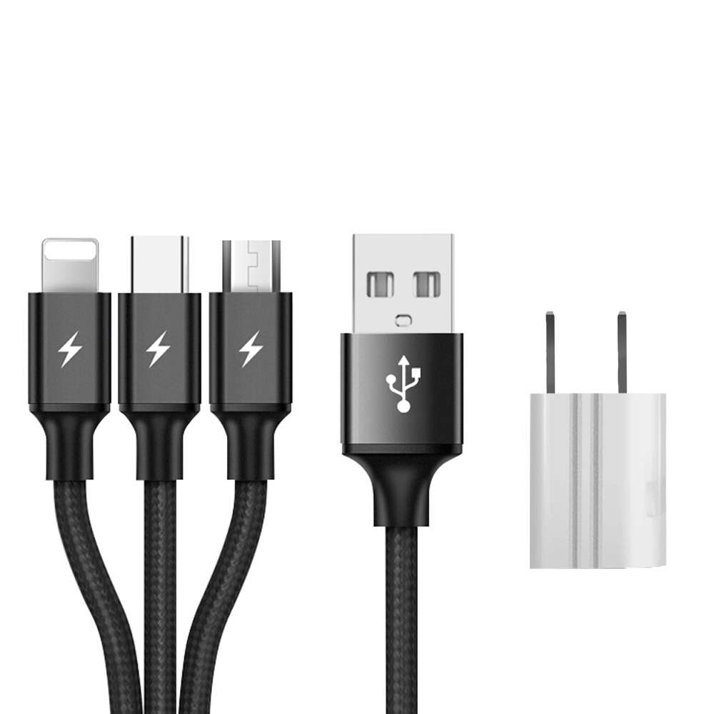 SIMU 1.2M Data Cable Of One Drag Three 2.4A Braided Fast Charging Mobile Phone With USB Plug black - Image 3