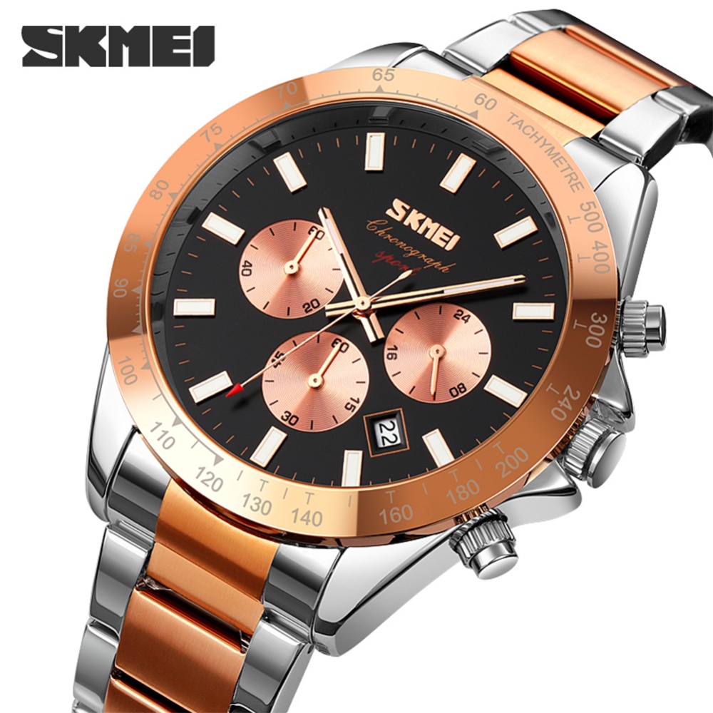 SKMEI Business Men Quartz Wristwatch Waterproof Time Stopwatch Date Multi-function Chronograph Watch Rose Gold Shell Black Face - Image 3