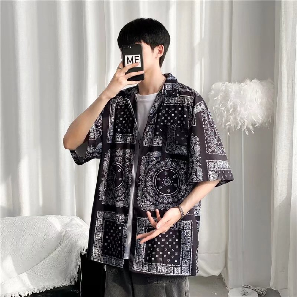 Women Hawaiian Lapel Shirt Retro Ethnic Style Printing Jacket Loose Casual Cardigan Tops For Couple 1301 black M - Image 2