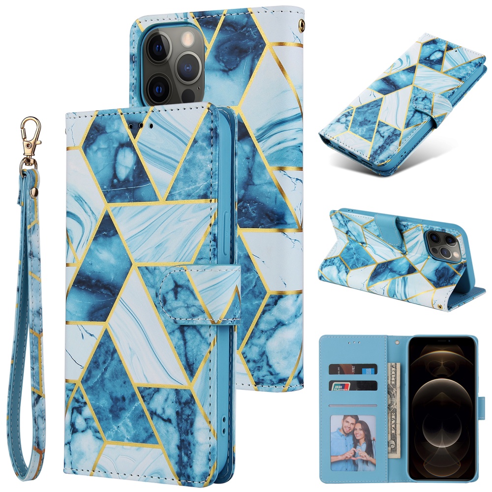 For Iphone 12 Mobile Phone Cover Matte Marble Pattern Multi-function Flip Leather Case blue - Image 3