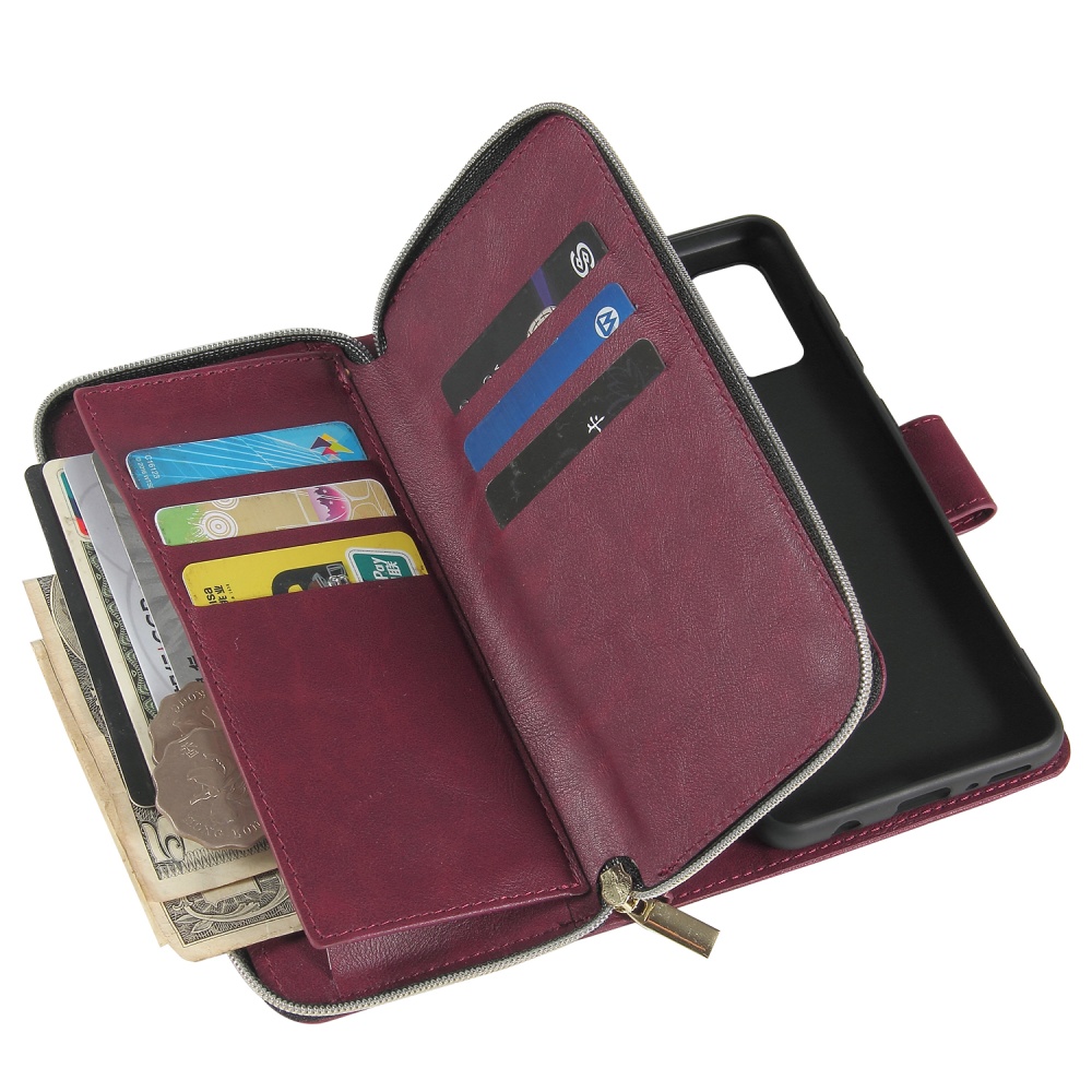 For Samsung A01/A21/A31/A41/A51 Pu Leather Mobile Phone Cover Zipper Card Bag + Wrist Strap Red wine - Image 3