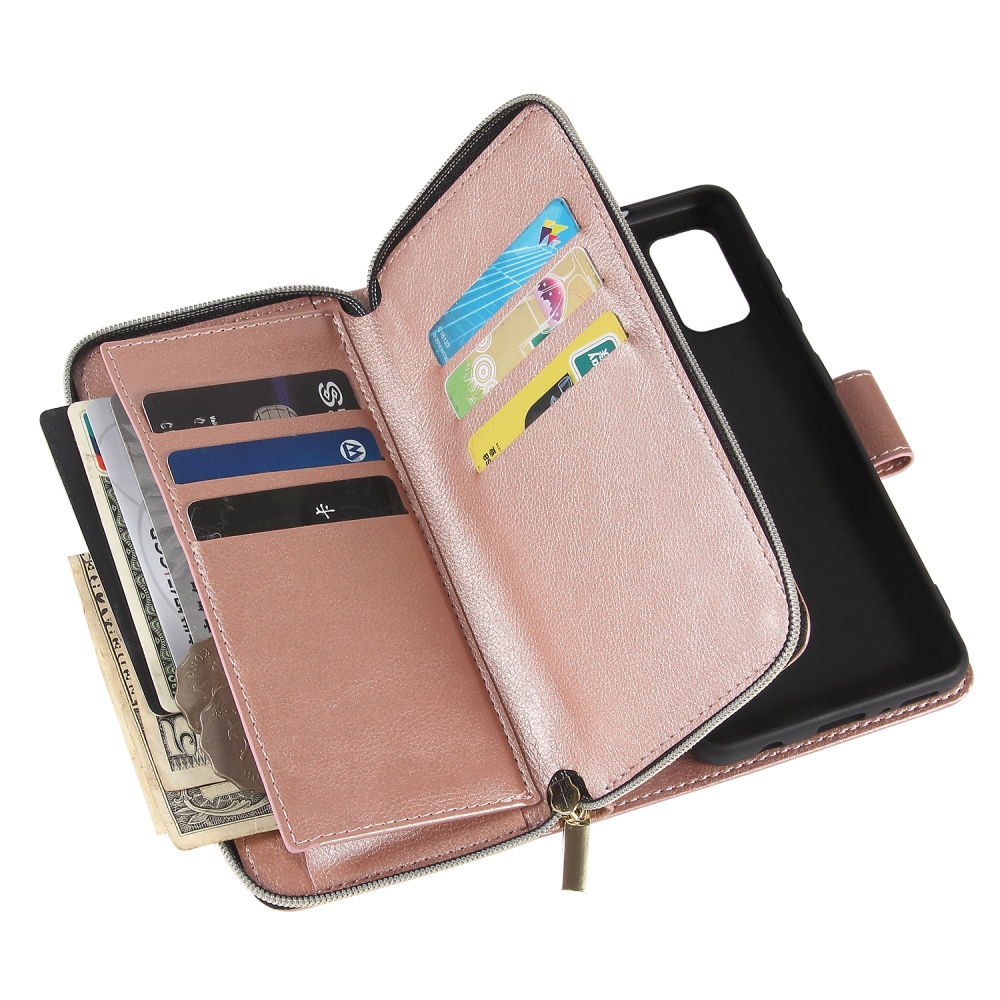 For Samsung A01/A21/A31/A41/A51 Pu Leather Mobile Phone Cover Zipper Card Bag + Wrist Strap Rose gold - Image 3