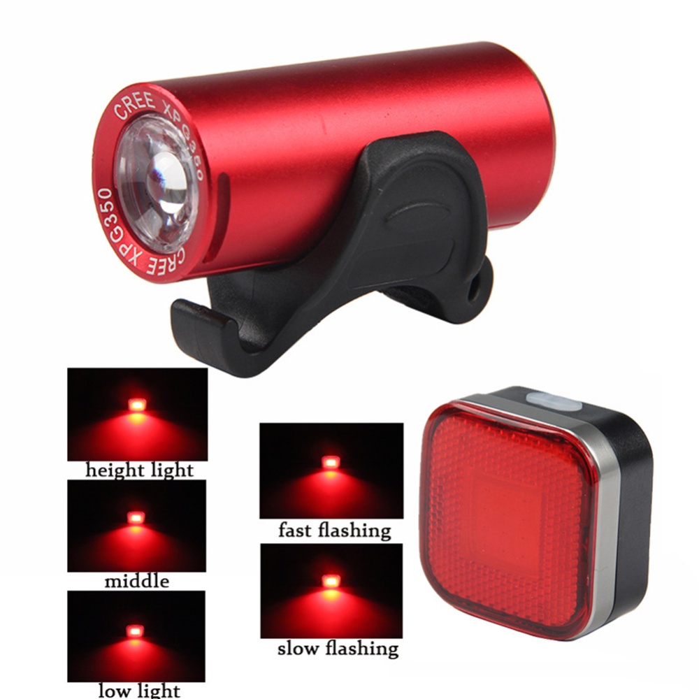 2289+2287 Bicycle Lamp Set USB Charging Hard Light Front Safety Precautions Tail Headlight red + tail light silver - Image 2