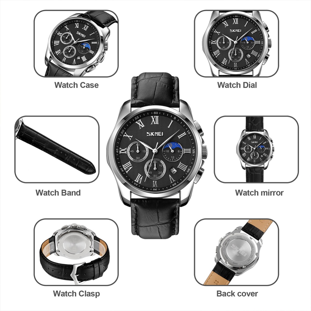 SKMEI Men Watch Moon Phase Waterproof Date Wrist Classic Leather Watchband For Gifts black band silver dial - Image 2