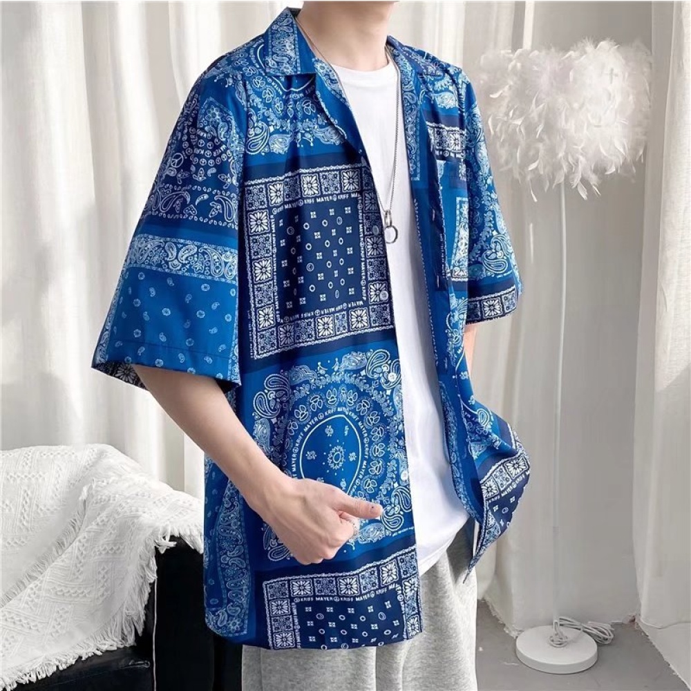 Women Hawaiian Lapel Shirt Retro Ethnic Style Printing Jacket Loose Casual Cardigan Tops For Couple 1301 blue L - Image 3