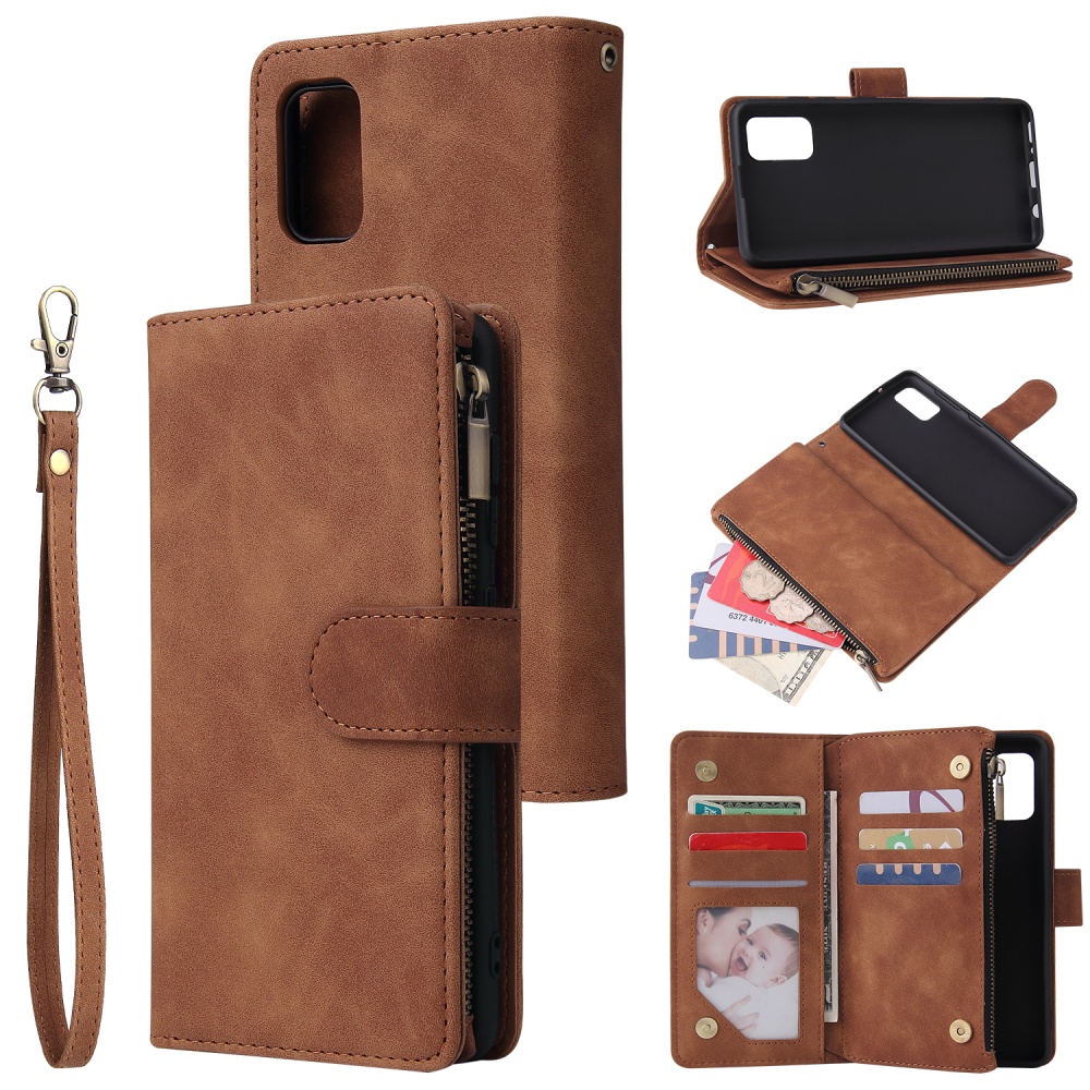 For Samsung A41 Mobile Phone Case Wallet Design Zipper Closure Overall Protection Cellphone Cover 4 brown - Image 3