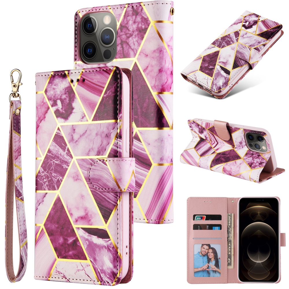 For Iphone 12 Mobile Phone Cover High Brightness Marble Pattern Splicing Multi-function Flip Leather Case purple - Image 3