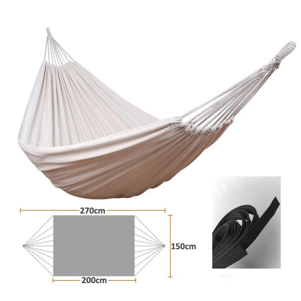 Outdoor Beach Canvas Double Hammock Indoor Balcony Lazy Swing Chair + strap_Plain white - Image 3