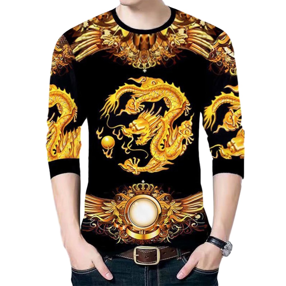 Men's T-shirt Dragon Pattern Round Neck Casual Long-sleeved Shirt Chinese Long Sleeve#Top_L - Image 2