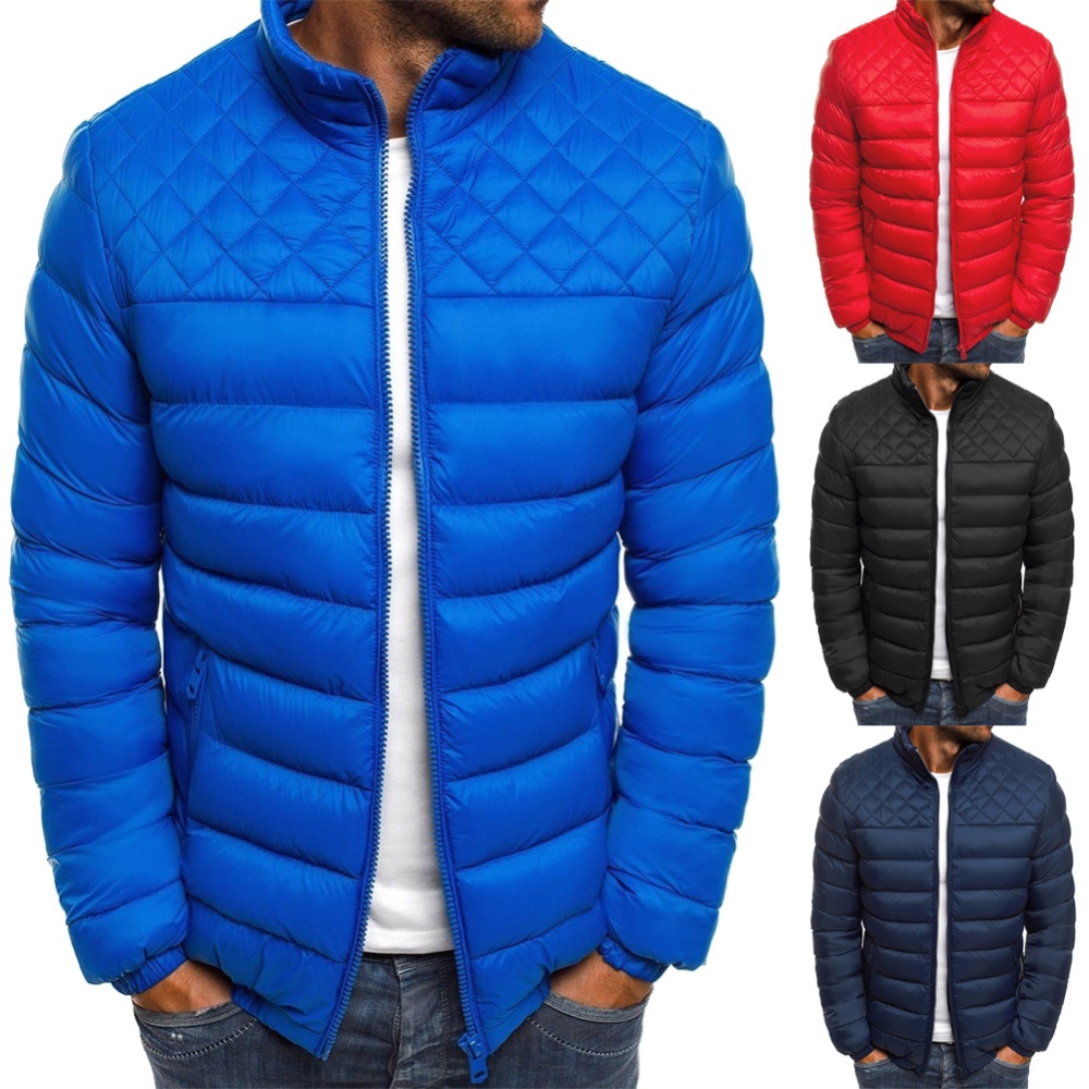 Men's Cotton Padded Clothes Chest Diamond-pattern Zipper Stitching Coat Red_L - Image 3