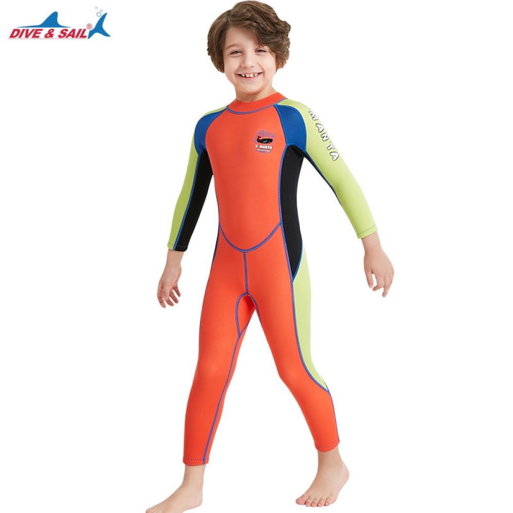 2.5mm Children's High Elastic Scuba Diving Suit Long Sleeve Bathing Orange red and green sleeves_S - Image 3