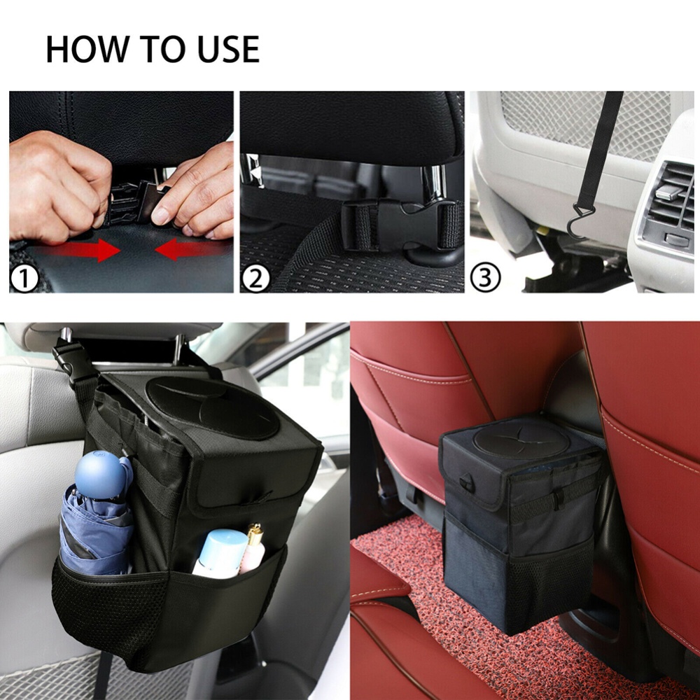 Car Trash Foldable Mini Waterproof Can Hanging Storage Bag Garbage Organizer Box With Adjustable Shoulder Straps Hooks Cords black - Image 2